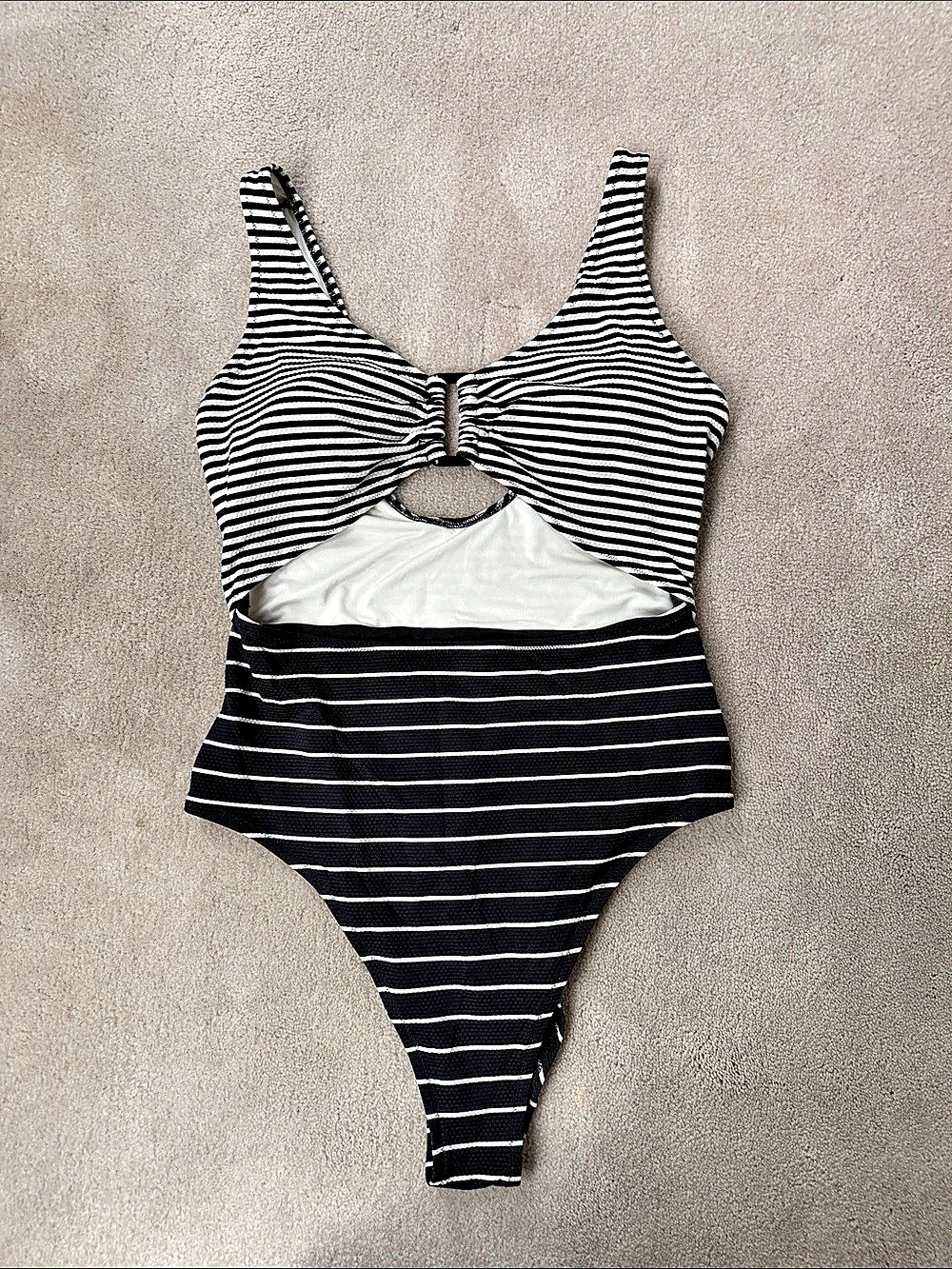 Striped Cutout One-Piece Swimsuit in Black & White